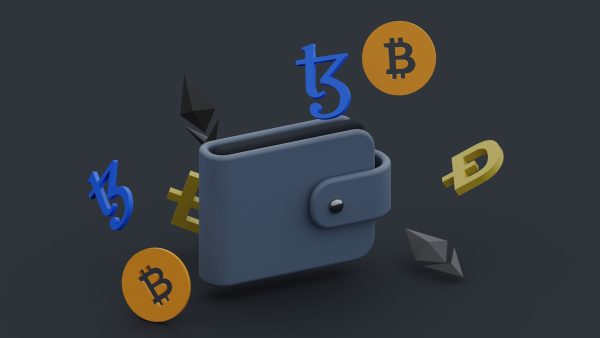 a wallet with bitcoins falling out of it